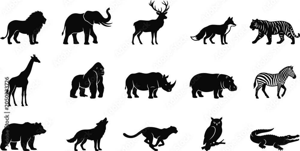 Obraz premium Collection of black silhouette animals on white background featuring lion elephant deer and more wildlife silhouettes