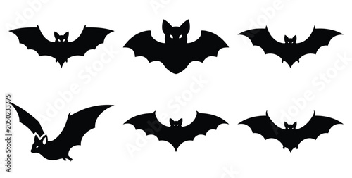 Collection of bat sitting silhouette icon set. Happy Halloween icon Vector illustration on white background.
