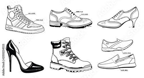 Obraz na plátně Assorted Footwear Designs Black And White Vector Illustration