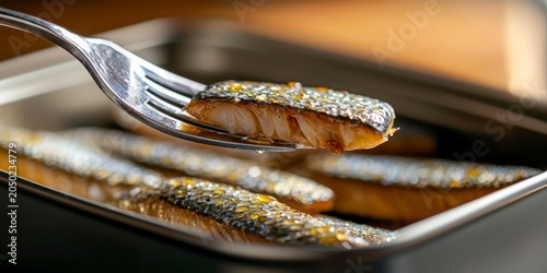Fork holding sardine fillet over tin of smoked fish for Sardine fast  