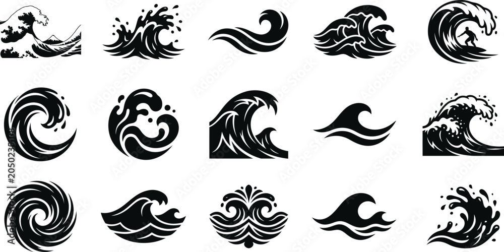 Fototapeta premium Collection of 14 wave silhouette icons for coastal and surfing designs