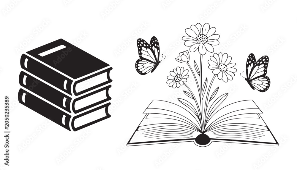 Naklejka premium Open book with blooming flowers and butterflies alongside stack of books on transparent background.