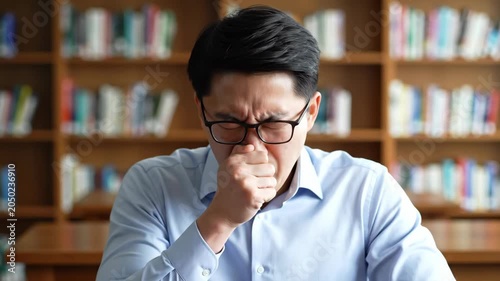 Asian man with glasses coughing into his hand. Sick male professional or student in a library with bookshelves. Flu and cold symptoms concept. Healthcare and respiratory illness