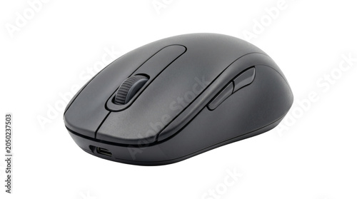 Fotografie Modern ergonomic black wireless computer mouse with scroll wheel isolated on transparent background png