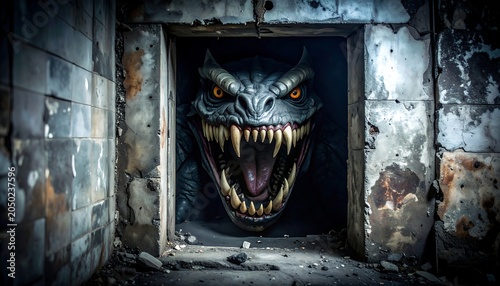 A dark creature with sharp teeth peers out from a dilapidated doorway