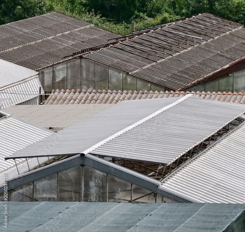 Glass and fiberglass greenhouse roofs in a green area