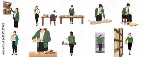 Bild auf Leinwand Set of female archivist and librarian character illustrations working with vinta