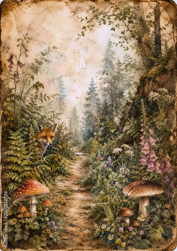 A whimsical forest path with a curious fox peeking from behind lush ferns and foliage, surrounded by wild mushrooms and delicate wildflowers. The scene evokes a sense of enchantment and hidden wonder