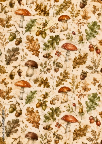 An autumn pattern featuring mushrooms, oak leaves, and acorns in warm, earthy tones, evoking a cozy fall feeling