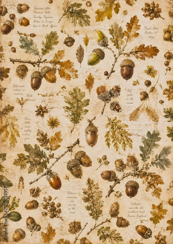 Vintage botanical illustration of oak tree branches with acorns, leaves, and seeds, featuring handwritten notes and detailed scientific drawings on a textured parchment background