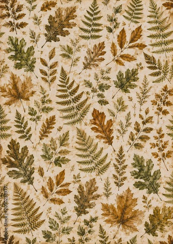 A beautiful seamless pattern of autumn leaves and ferns in various shades of brown, green, and orange, on a textured parchment background, evoking a vintage botanical feel
