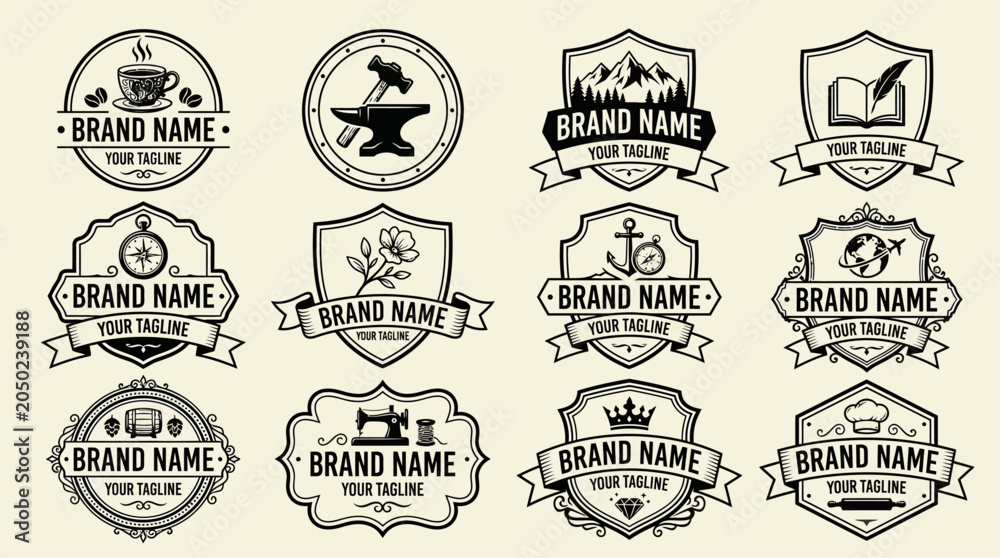 Fototapeta premium Collection of Vintage Emblem Badges with Diverse Retro Icons for Branding and Design Projects, Featuring Classic Style Elements and Customizable Layouts