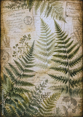 Vintage botanical illustration of ferns and handwritten letters on aged parchment, evoking a sense of nostalgia and old-world charm
