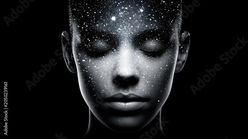 Surreal human face filled with stars symbolizing mindfulness, subconscious mind and inner world. Concept of spirituality, imagination, dreams, self-awareness and deep thought