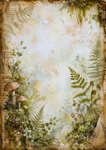 A beautiful antique paper texture with a forest theme, featuring ferns, mushrooms, and moss, with a rustic and vintage feel