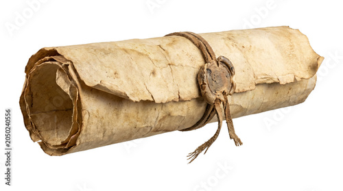 Foto Old parchment paper scroll with wax seal and tied with rope, ancient document isolated on transparent