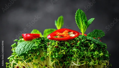 Fresh Green Microgreens Topped with Red Chili and Mint on Dark Background