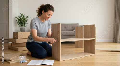 Woman assembling flat pack furniture in a living room. DIY home improvement and interior design project