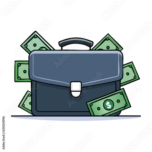 Blue briefcase overflowing with cash and banknotes