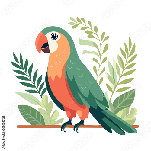 Flat design parrot illustration with tropical leaves