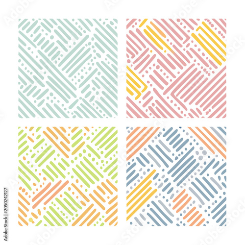 Four seamless abstract hand-drawn patterns in pastel colors