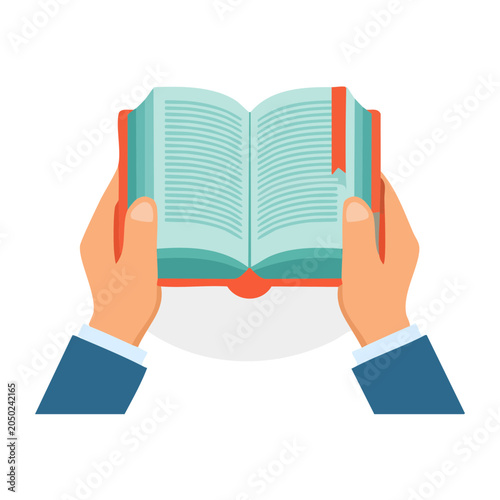 Hands holding an open book with a bookmark
