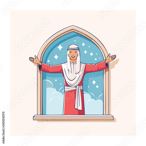 Man in traditional attire welcoming guests through a window