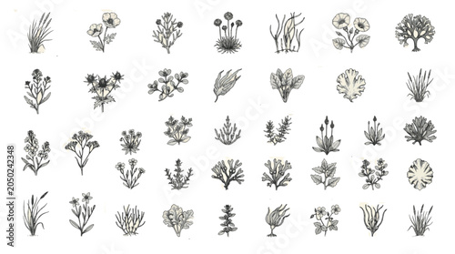 Schilderij op canvas Vintage Coastal Set, Detailed Botanical Illustrations of Seashore Plants, Seawee