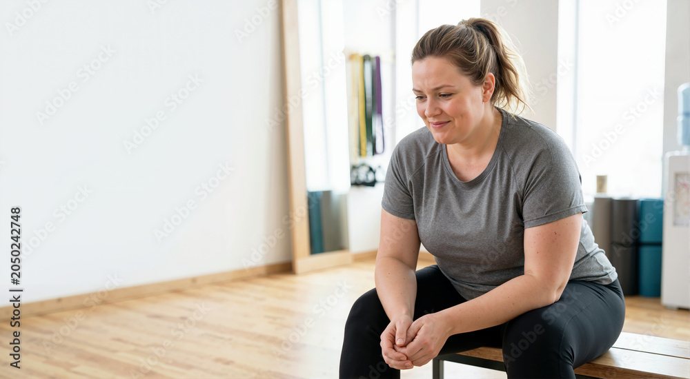 Fototapeta premium Smiling plus size woman resting on a bench in a fitness studio. Overweight female relaxing after a workout. Body positivity and healthy lifestyle concept. Copy space