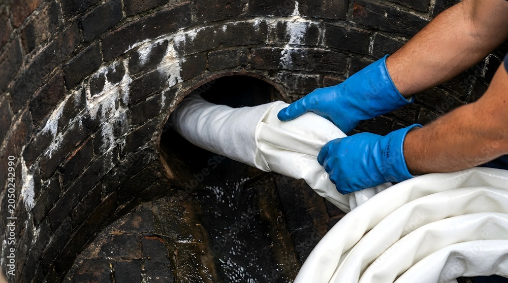 Fototapeta premium Worker in blue rubber gloves installing a flexible pipe liner inside an old brick sewer tunnel