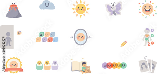 Foto Child psychology emotional development icons featuring volcano anger butterfly sadness and human body sensory sensations