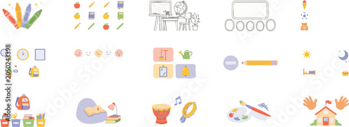 Early childhood education classroom icons with school supplies art materials musical instruments and student activities.
