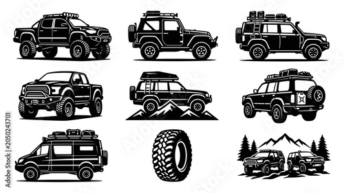 Off Road SUV Adventure Vehicle Set with Tire and Mountain Landscape Vector Illustration