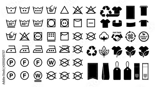 Laundry Care Symbols and Garment Label Icons Set Collection Vector