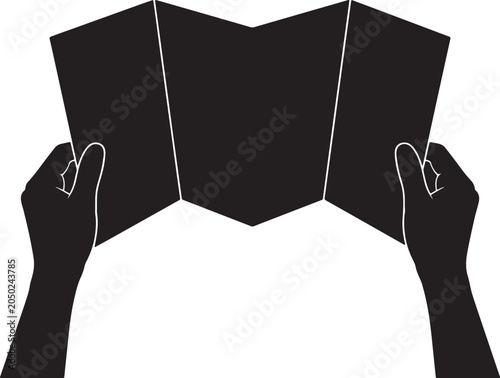 Hands holding open paper map silhouette for travel planning and navigation concept editable vector icon.