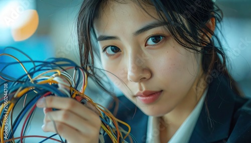 Focused Young Woman Holding Tangled Colorful Wires in Modern Technology Workspace