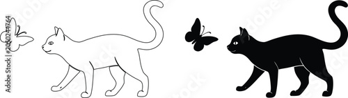 Cat and butterfly vector outlines and silhouette design. black and white icon set.