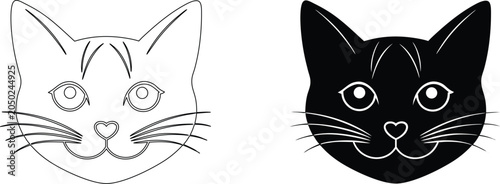 Cat face close up, detailed outline and black silhouette, expressive feline eyes and whiskers.