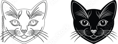 Cat face vector illustration, isolated on white background, black and white outline.