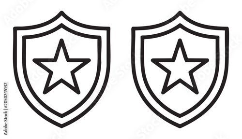 Police badge shield icons with star symbol and double outline isolated on transparent background set.