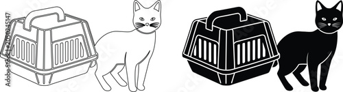 Cat pet carrier with feline animal vector black and white line art and silhouette illustration.