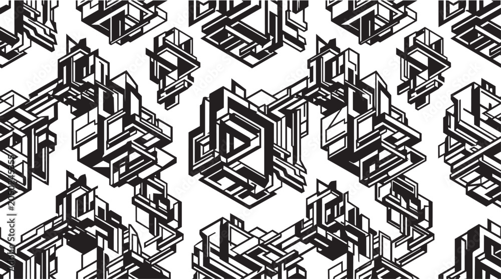 Obraz premium Seamless Black and White Isometric Tech Pattern with Geometric Cyber Structure Shapes