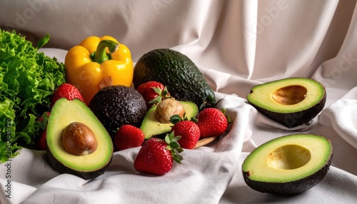 Fresh Avocado Strawberry Lettuce and Yellow Bell Pepper Arranged on White Fabric