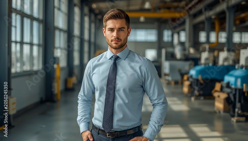 Exclusive business portrait of manufacturing ceo monitoring industrial machinery, production workflow, forward thinking executive representing leadership, operational success, future industry vision