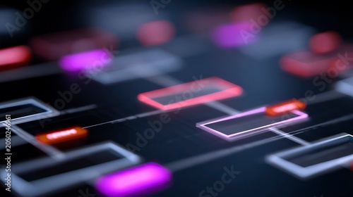 Digital flowchart with glowing elements in dark background illustrating Tech job cuts  