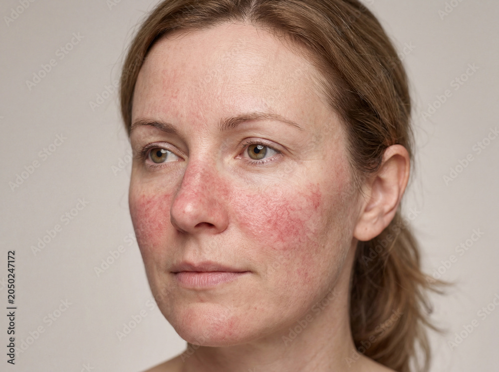 Naklejka premium A woman shows her face with visible redness and irritation. She is facing forward and looks calm. The background is simple and the light is even, highlighting her features