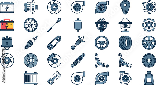 Foto Car Parts and Auto Repair Filled Outline Vector Icon Set with Turbocharger Engin