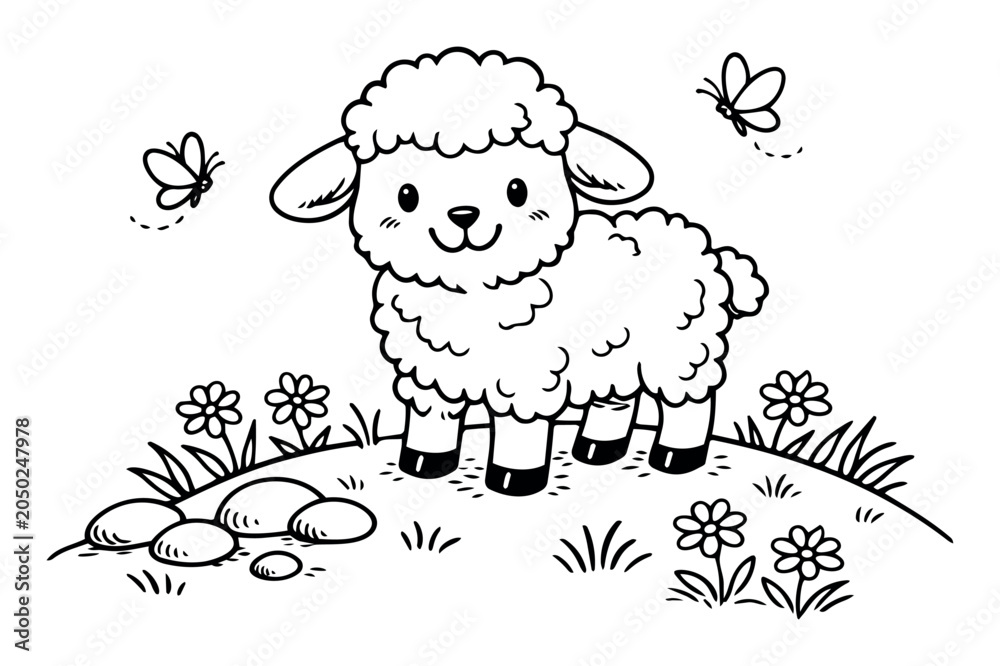 Obraz premium Lamb character standing on a small hill, surrounded by flowers and butterflies, creating a simple black and white line art coloring page