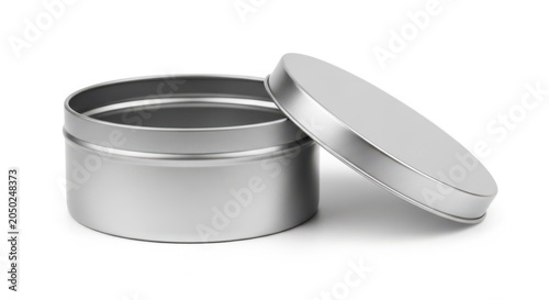 Empty silver tin container with lid open