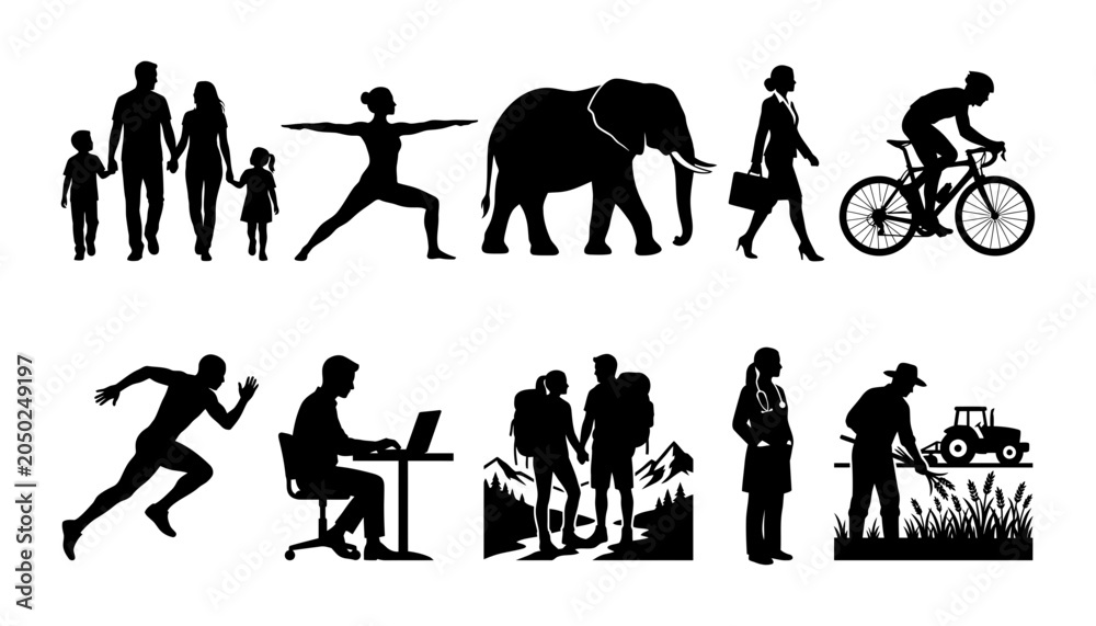 Obraz premium Silhouette collection of family, jumping athlete, elephant, walker, cyclist, runner, desk worker, crowd, gardener, and plant bed